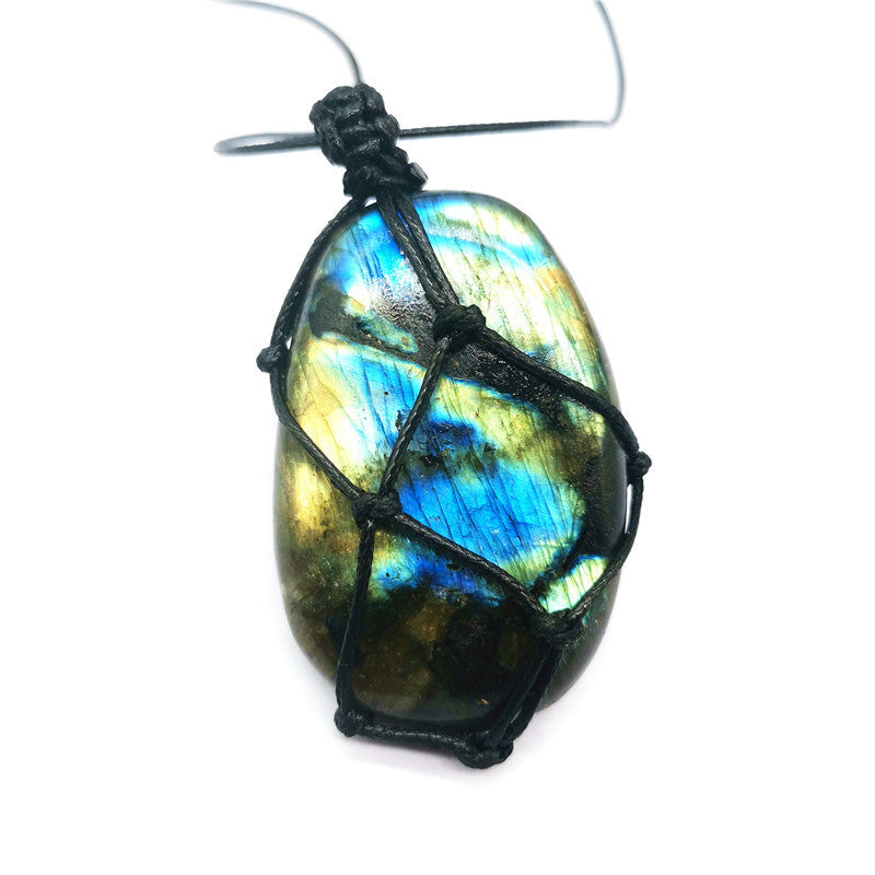 Natural Moonstone Labradorite Rough Stone Pendant Necklace Hand-woven Labradorite Net Bag Pendant