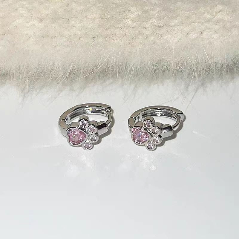 Female Diamond Studded Love Cat Foot Earrings